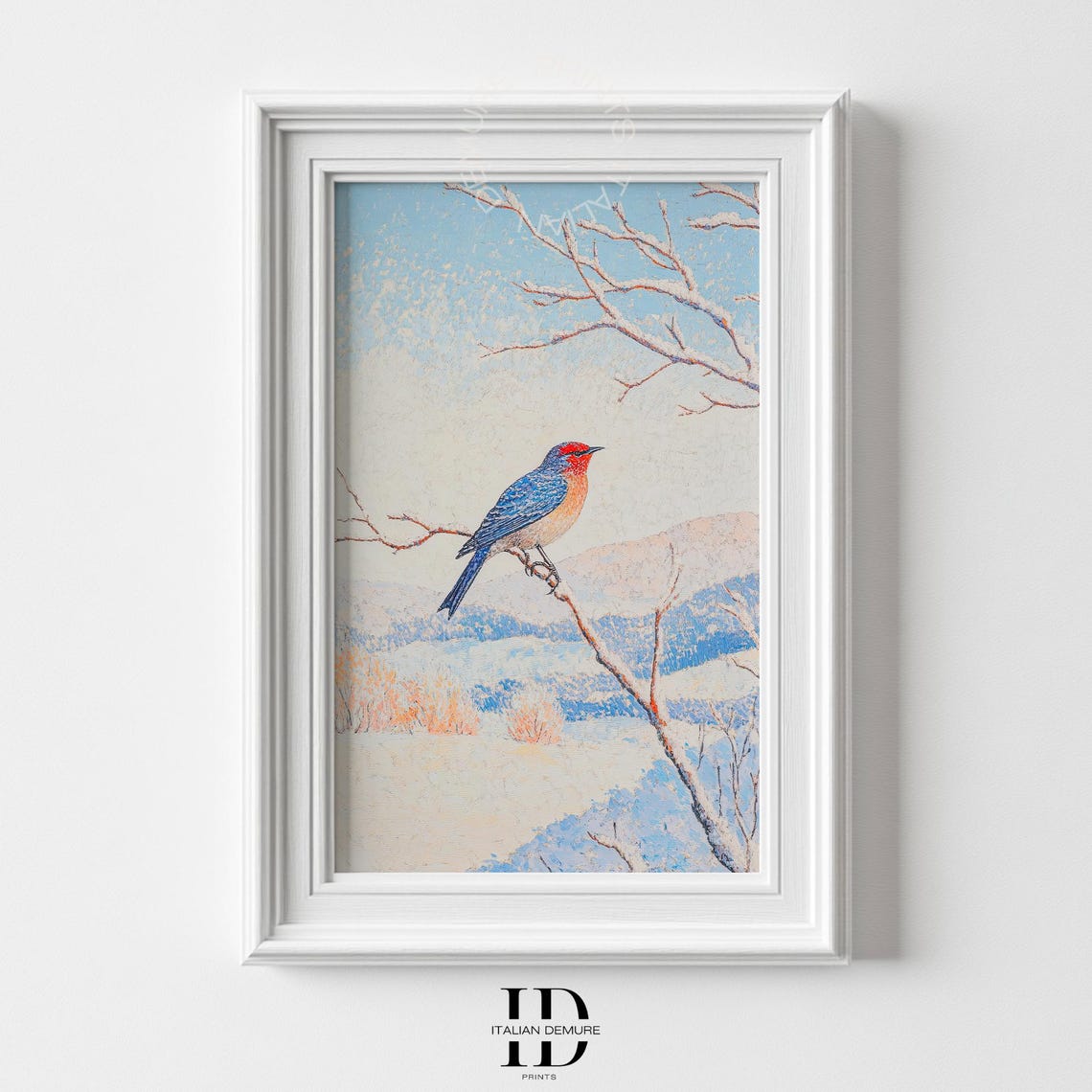 Winter Bluebird On Snowy Branch Tranquil Snow Landscape Wall Art
