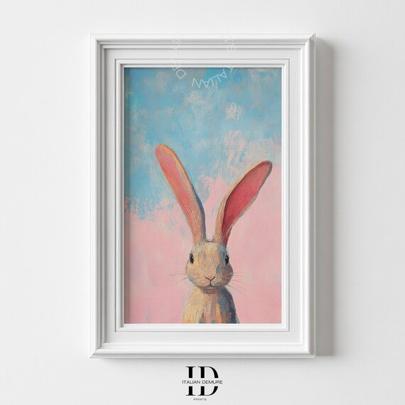 Bunny Rabbit with Tall Ears Pastel Oil Painting Whimsical Art Poster