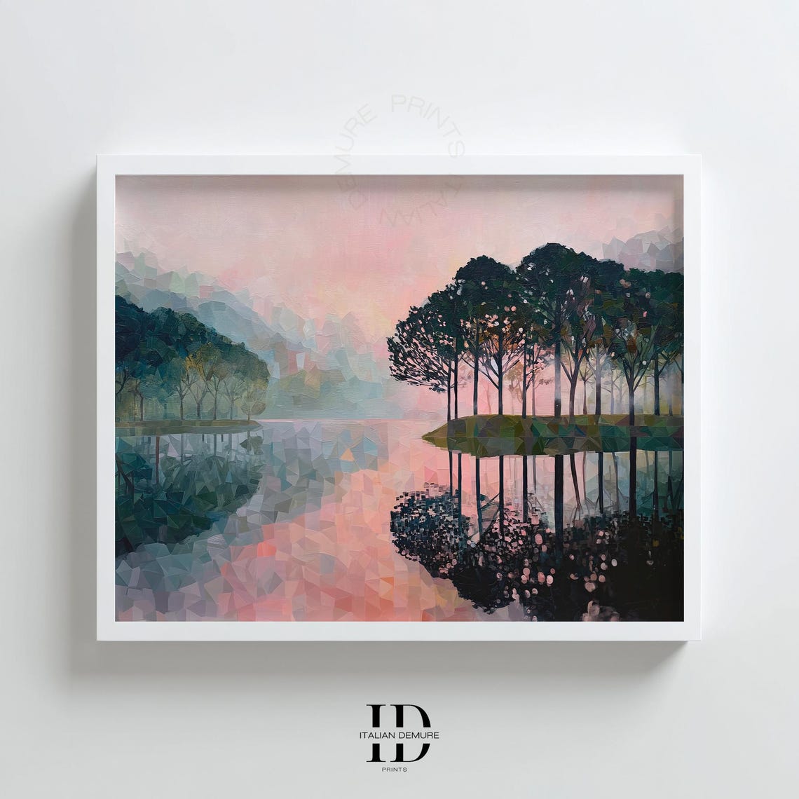 Pink Misty Lake Trees Geometric Mosaic Style Painting Poster