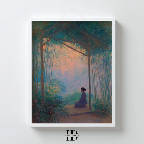 Tranquil Bamboo Forest Wall Art Meditative Zen Poster Peaceful Woman Silhouette Print Serene Nature Scene Decor
