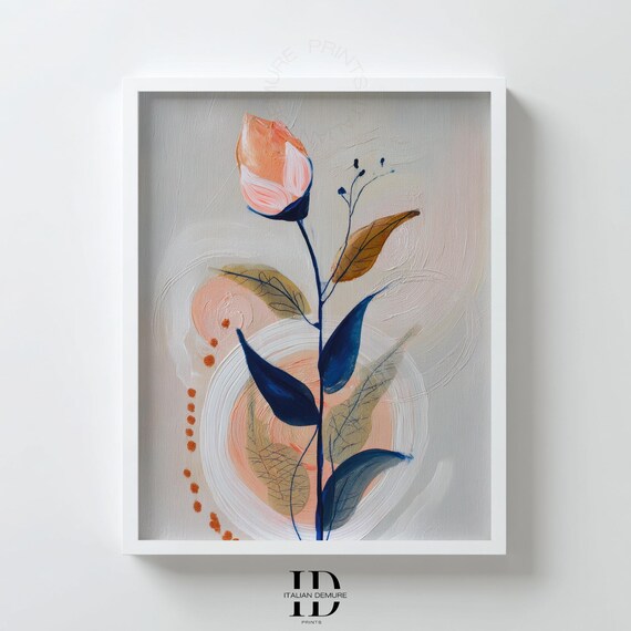 Pastel Rose Bud Abstract Botanical Peach Blue Floral Art Poster
