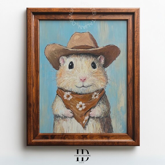 Cowboy Hamster Portrait In Floral Bandana Cute Western Animal Wall Art Rustic Nursery Print Or Funny Gift For Rodent And Pet Lovers