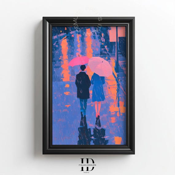 Romantic Rainy Night Couple Art Wall Abstract City Street Painting Love Umbrella Modern Home Decor