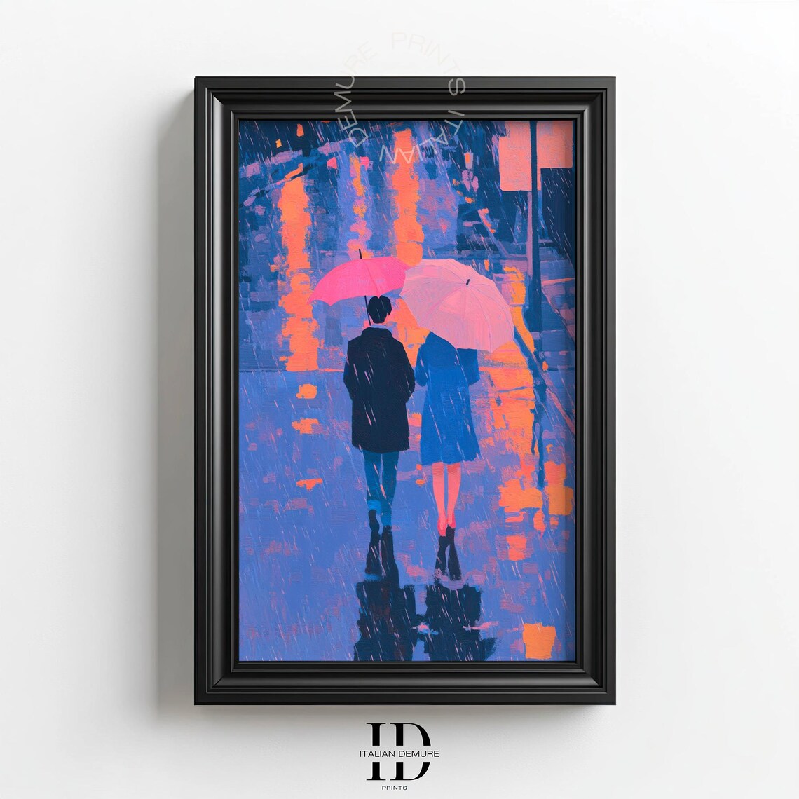 Romantic Couple Pink Umbrellas Rainy Neon City Street Walk Poster