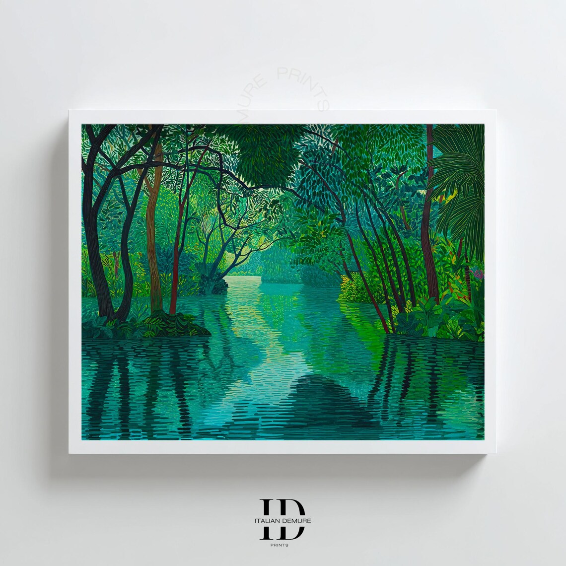 Tropical River Wall Art Lush Green Jungle Print Nature Reflection Poster Vibrant Botanical Forest Scene Landscape