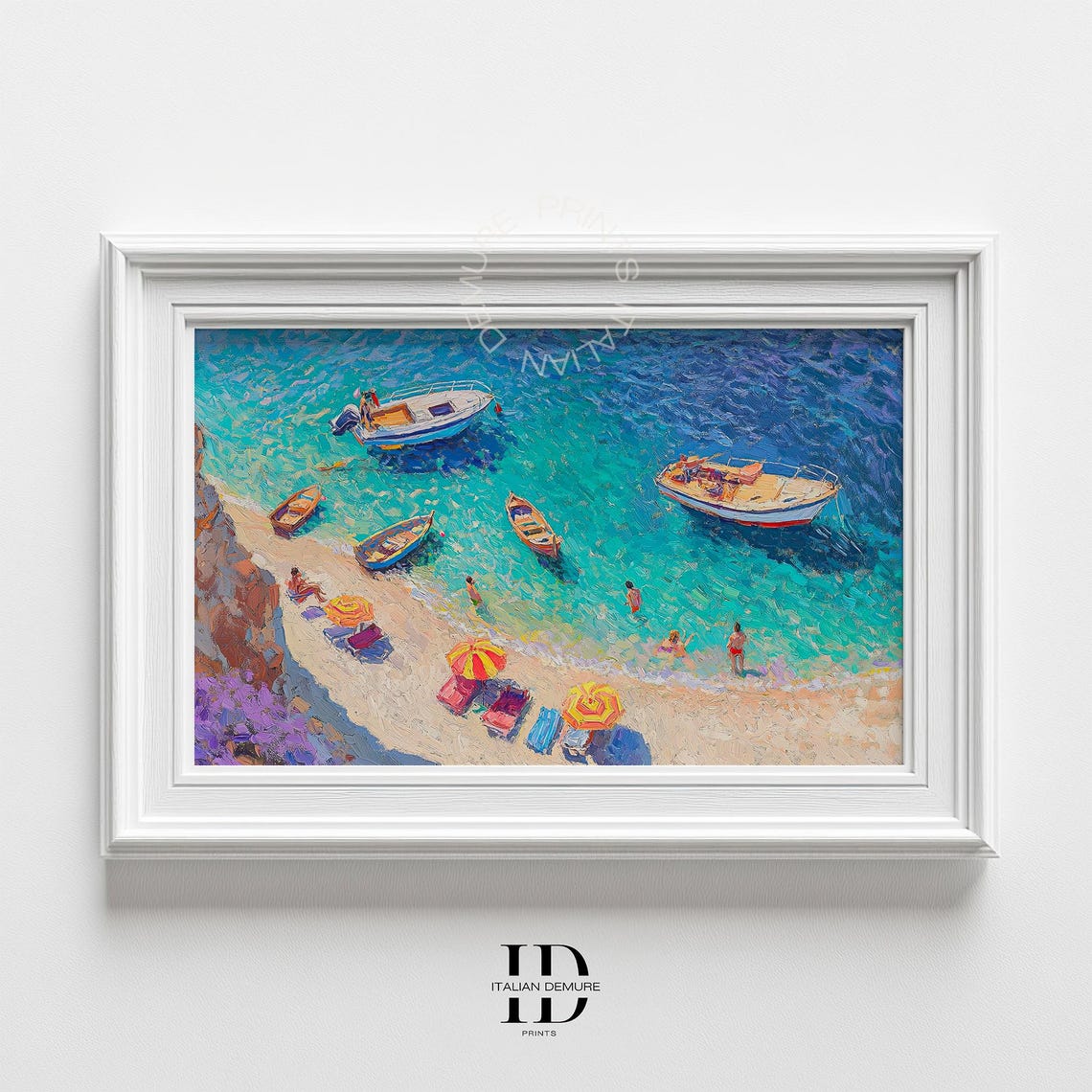 Aerial Beach Cove Turquoise Water Boats Cliffs Impressionist Poster
