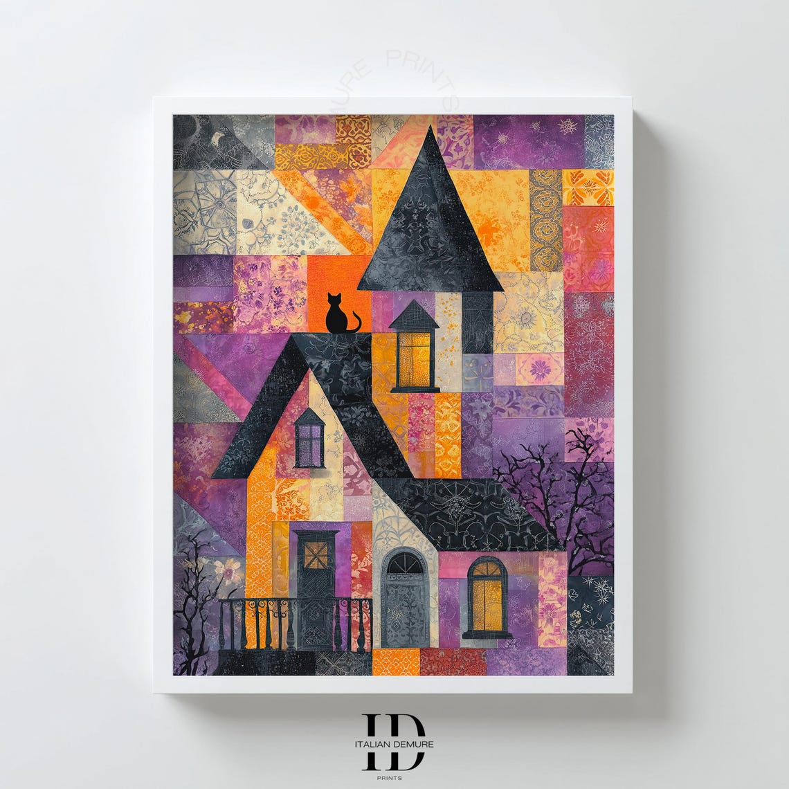 Halloween Haunted House Patchwork Black Cat Spooky Night Poster