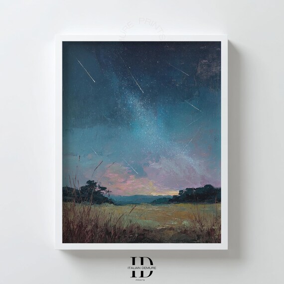 Starry Night Sky Wall Art Print Milky Way Landscape Poster Shooting Stars Painting Twilight Field Cosmic Nature Decor