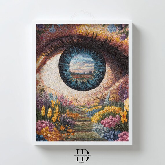 Surreal Giant Eye With Landscape In Iris Over Dreamy Flower Garden Print