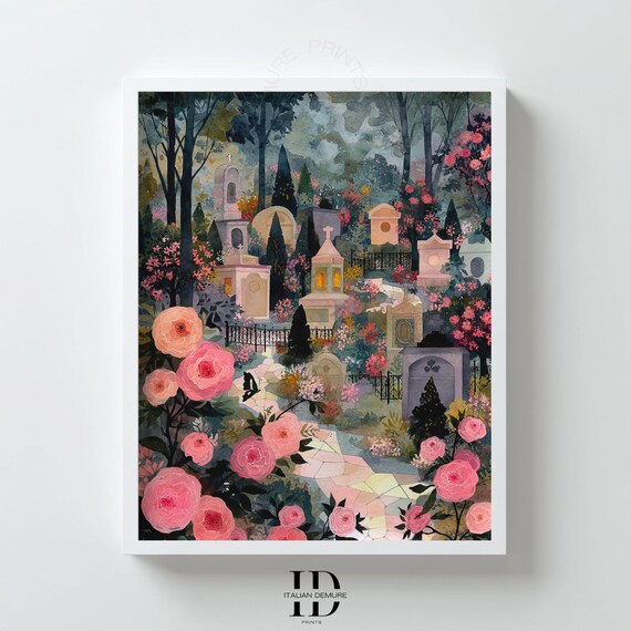 Romantic Cemetery Garden Wall Art Floral Gothic Illustration Rose Pathway Print Moody Botanical Poster Home Decor
