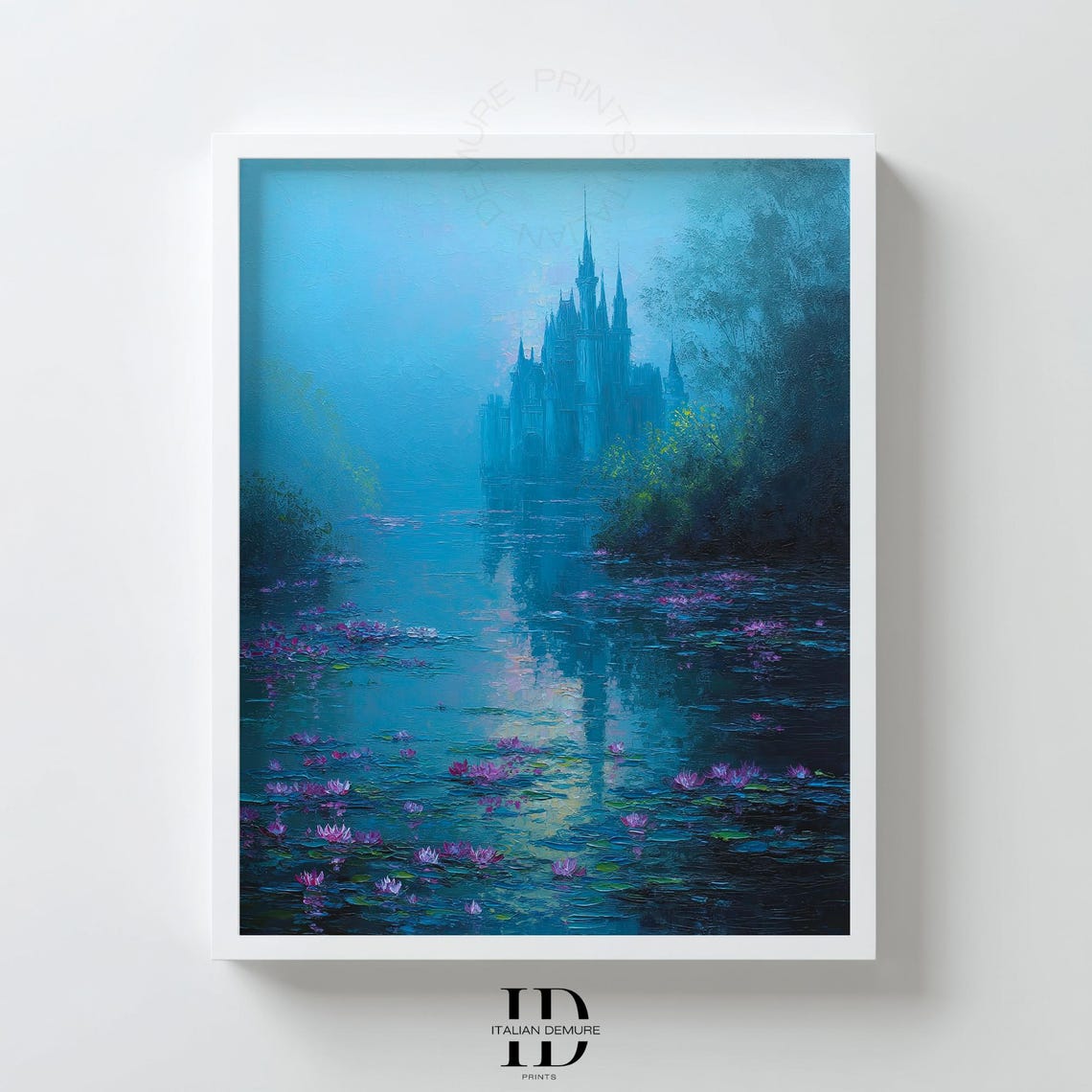 Blue Castle Reflection Art Watercolor Waterlily Landscape Mystic Fantasy Decor Fairy Tale Wall Print