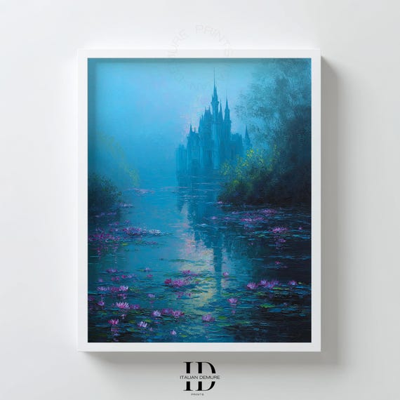Blue Castle Reflection Art Watercolor Waterlily Landscape Mystic Fantasy Decor Fairy Tale Wall Print