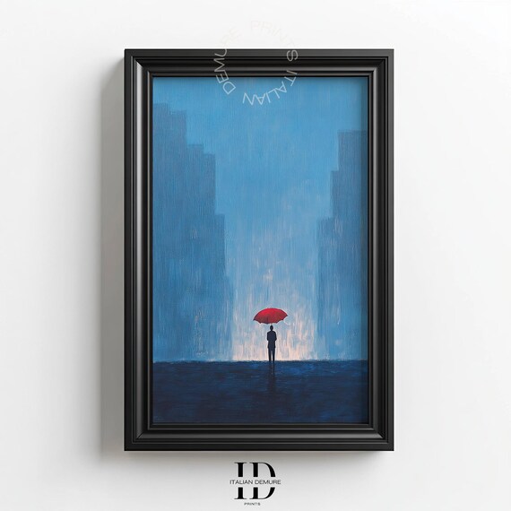 Moody Blue Cityscape Print Red Umbrella Art Minimalist Rainy Day Painting Urban Silhouette Wall Decor Artwork