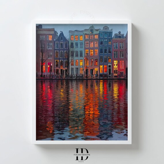 Amsterdam Canal Wall Art Colorful Night Cityscape Print Reflections In Water Poster Dutch Architecture Urban Decor