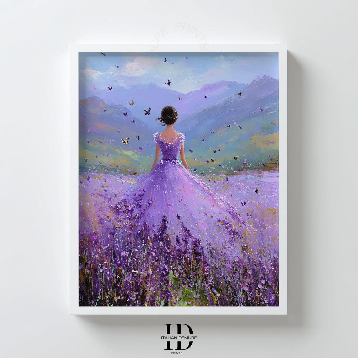 Girl In Purple Dress Lavender Field Butterfly Mountain View Poster