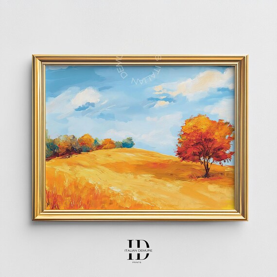 Autumn Landscape Wall Art Golden Field Vibrant Trees Painting Impressionist Fall Decor Rustic Countryside Artwork Retro