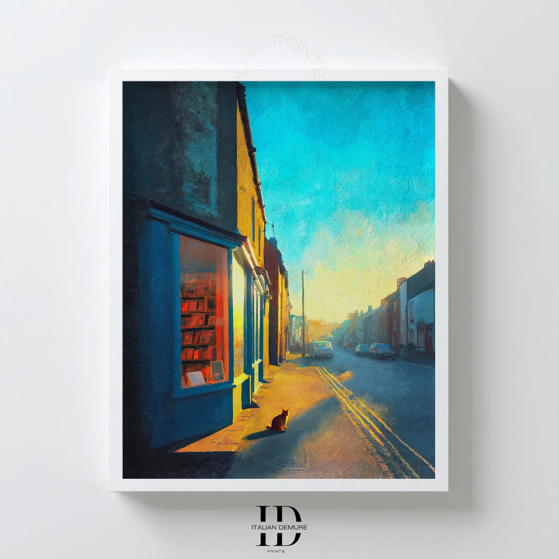 Sunset Bookshop Cat On Quiet Street Warm Cityscape Art Poster