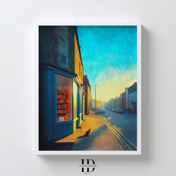 Sunset Bookshop Cat On Quiet Street Warm Cityscape Art Poster