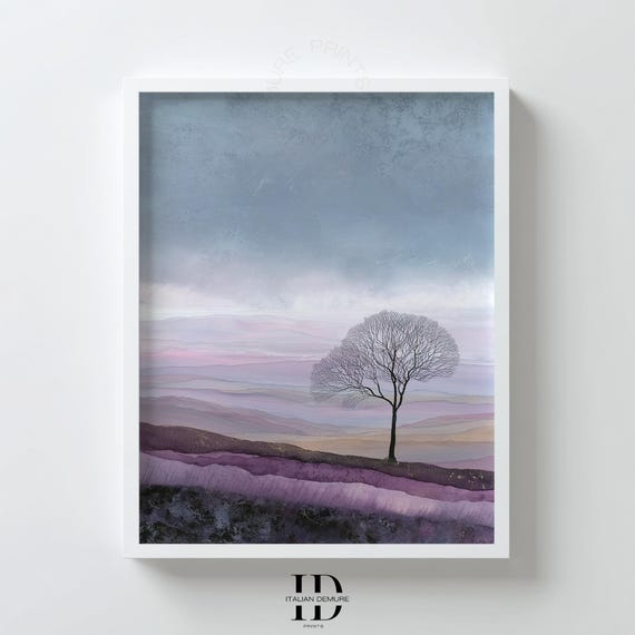 Purple Tree Landscape Wall Art Minimalist Nature Print Abstract Pastel Hills Artwork Serene Mountain Scene Poster