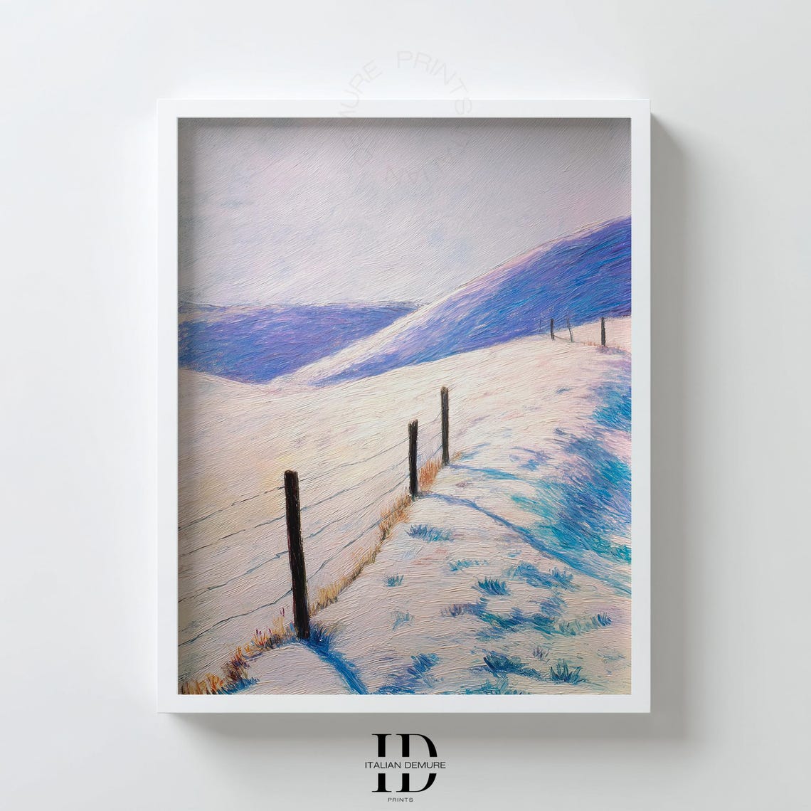 Snowy Winter Hills Fence Posts Pastel Impressionist Landscape Poster