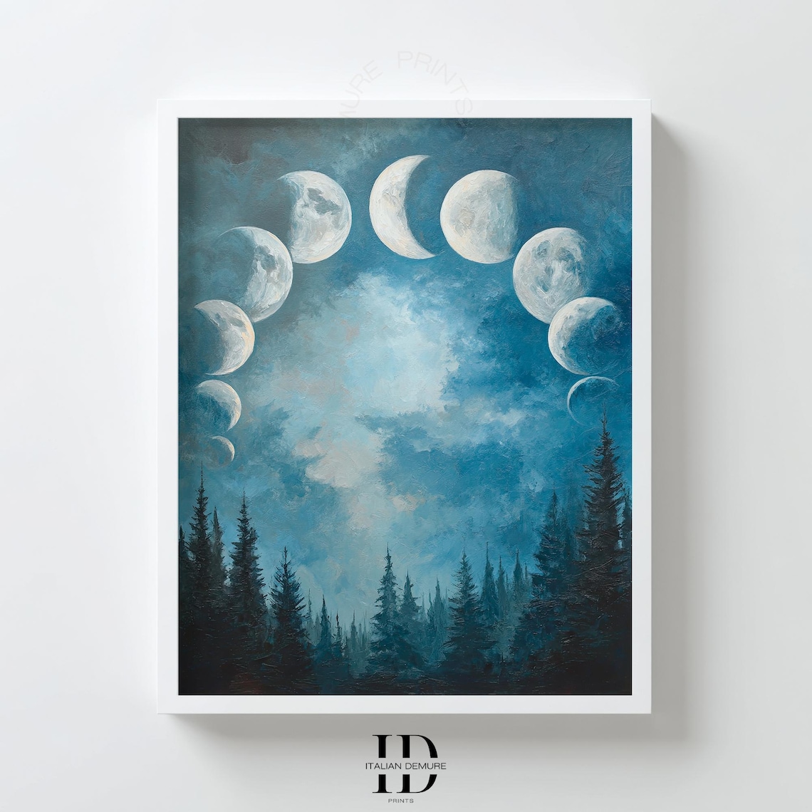 Dreamy Moon Phases Over Pine Forest Night Sky Painting Poster