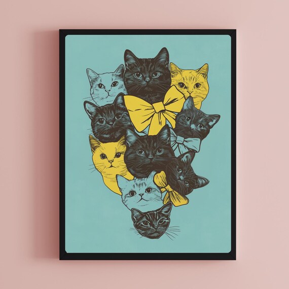 Retro Coquette Kitty Faces With Oversized Yellow Bows Cat Poster