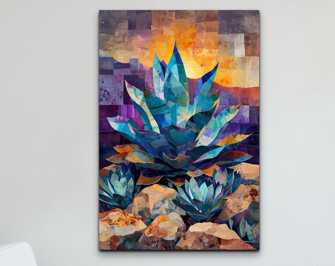 Blue Agave Abstract Patchwork Painting Purple Sunset Desert Poster