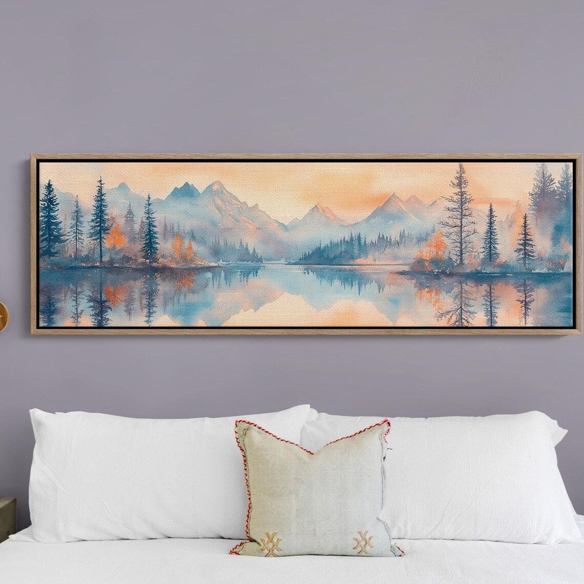 Misty Watercolor Mountain Lake Soft Peach Sunrise Pines Landscape Poster