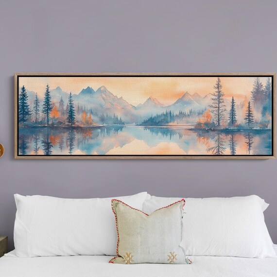 Misty Watercolor Mountain Lake Soft Peach Sunrise Pines Landscape Poster
