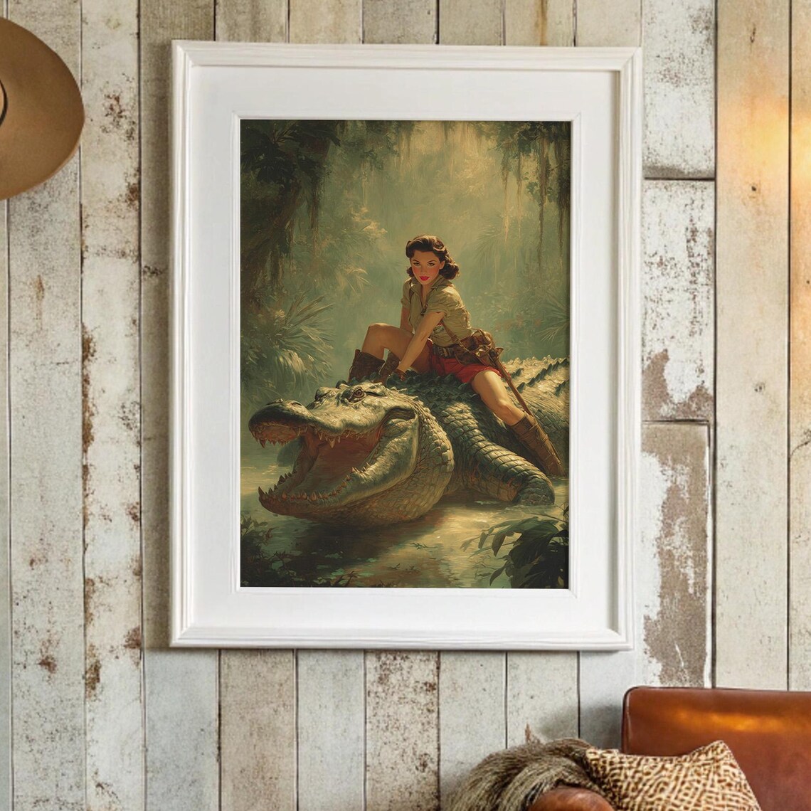 Vintage Pin Up Safari Woman Riding Giant Alligator Jungle Art Poster