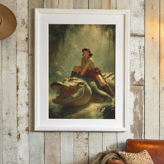 Adventurous Pin Up Woman Riding Alligator In Jungle