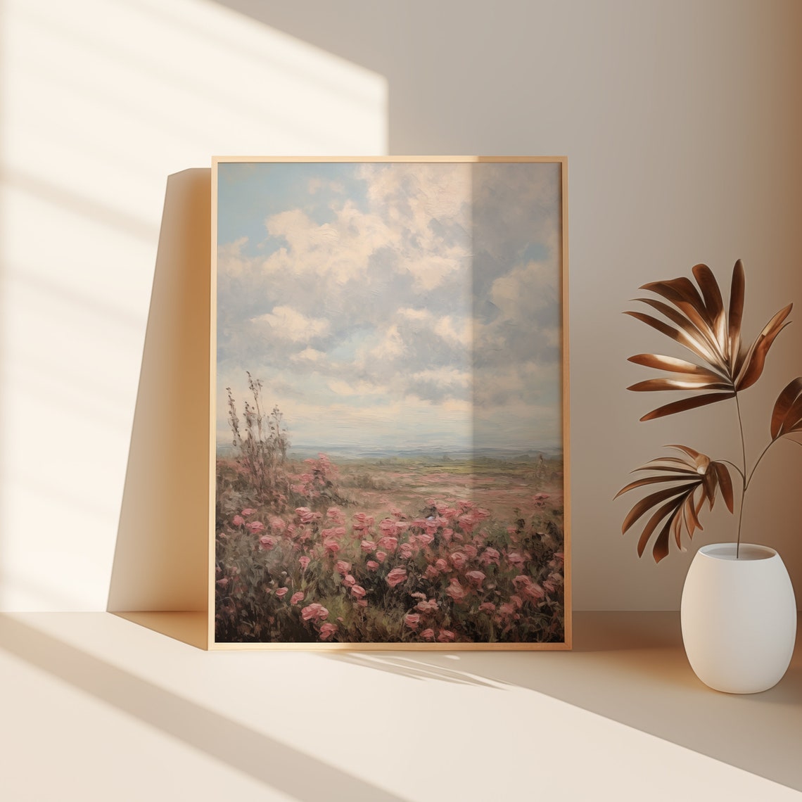 Pink Rose Field Cloudy Sky Country Landscape Oil Painting Wall Art - Image 2