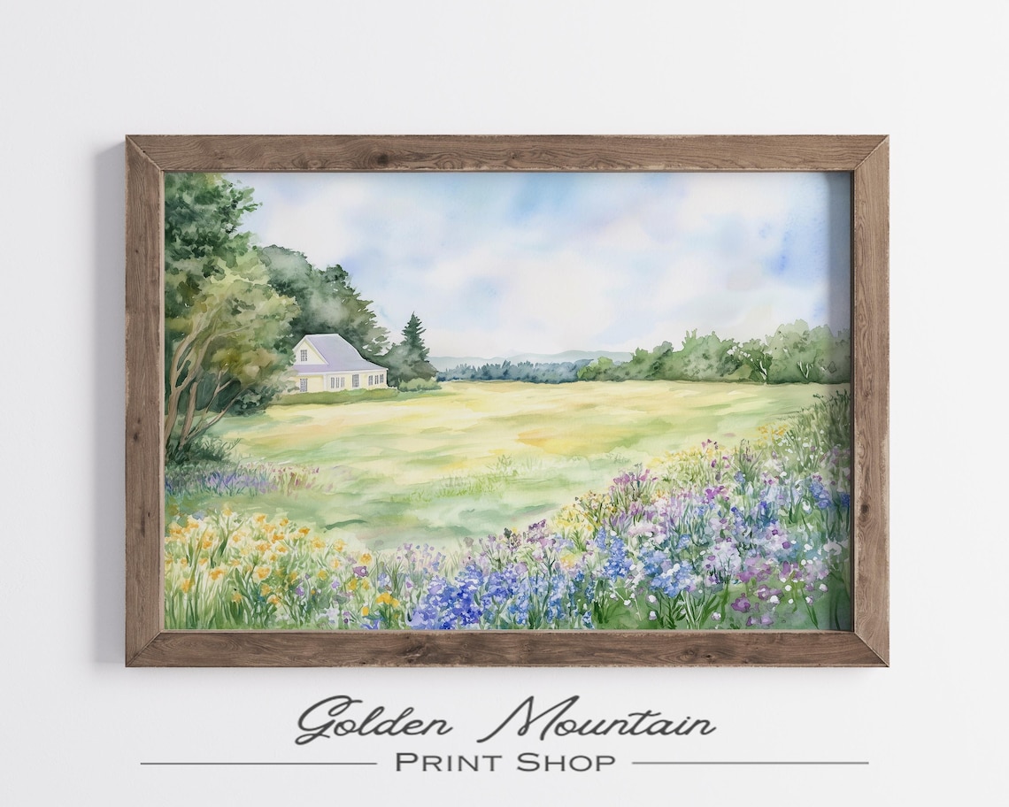 Watercolor Farmhouse Green Meadow Wildflowers Spring Art Poster