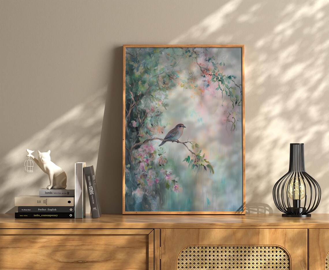 Pastel Spring Songbird Perched On Blossoming Branch Pink Blossom Poster - Image 2