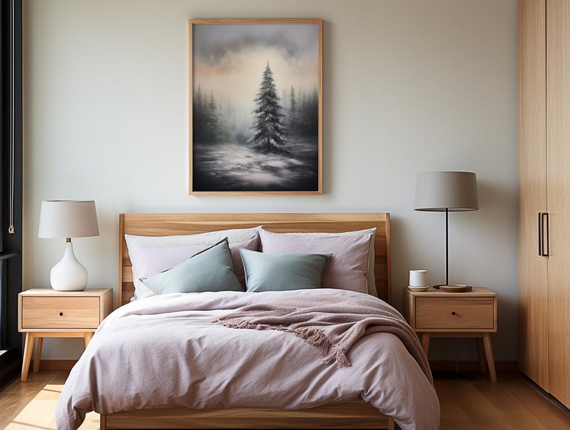 Snowy Pine Forest Single Tall Evergreen Misty Winter Wall Art - Image 2