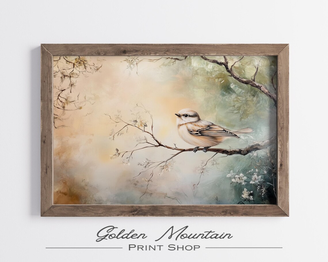 Pale Beige Songbird On Blossom Branch Warm Pastel Spring Oil Painting Poster