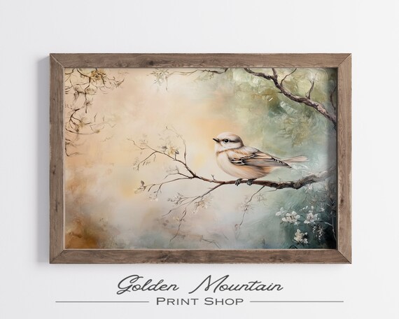 Pale Beige Songbird On Blossom Branch Warm Pastel Spring Oil Painting Poster