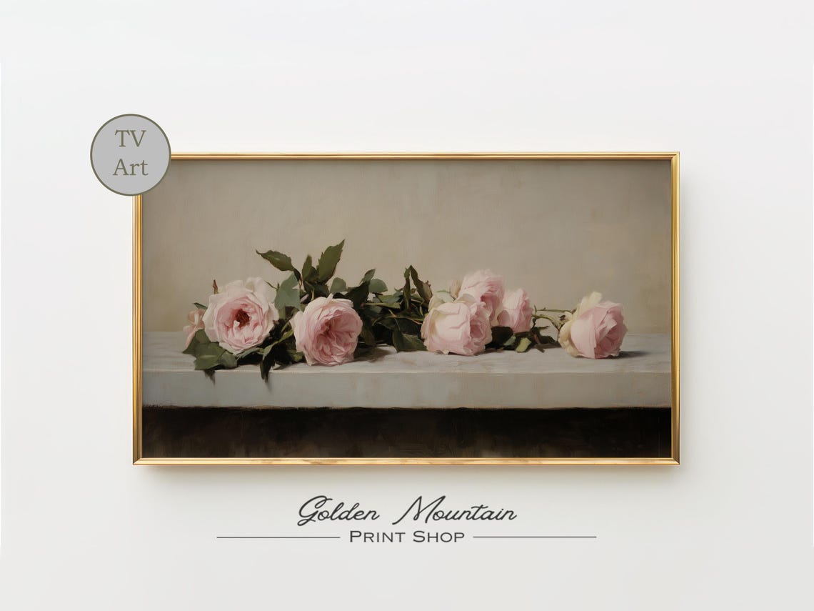 Pink Roses Ledge Cream Background Soft Elegant Floral Art Poster