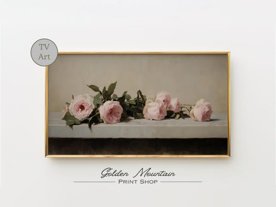 Frame Tv Art Vintage Roses Bouquet Still Life Painting Pink Romantic Floral Art Valentines Day Moody Wall Art