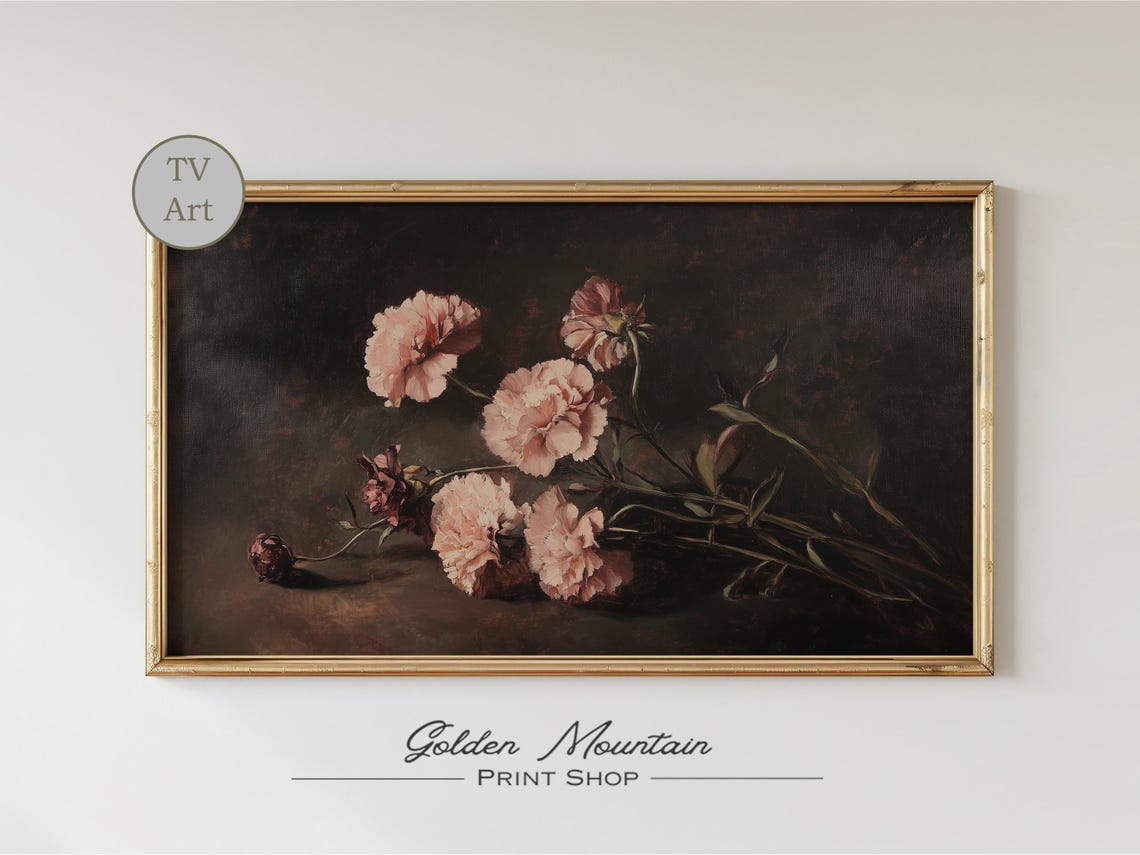 Moody Pink Carnations on Black Dark Floral Oil Painting Print - Image 2