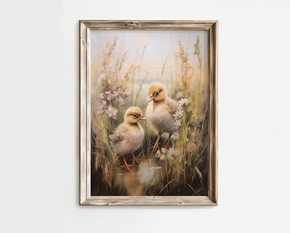 Cute Easter Chick Wall Art Farmhouse Spring Flower Field Print Vintage Wildflower Art Animal Vintage Easter Wall Decor - Image 2