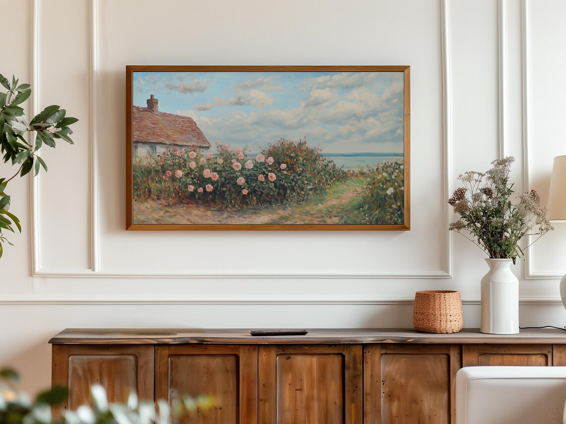 Coastal Cottage Pink Rose Garden Seaside Vintage Frame TV Art Print - Image 3