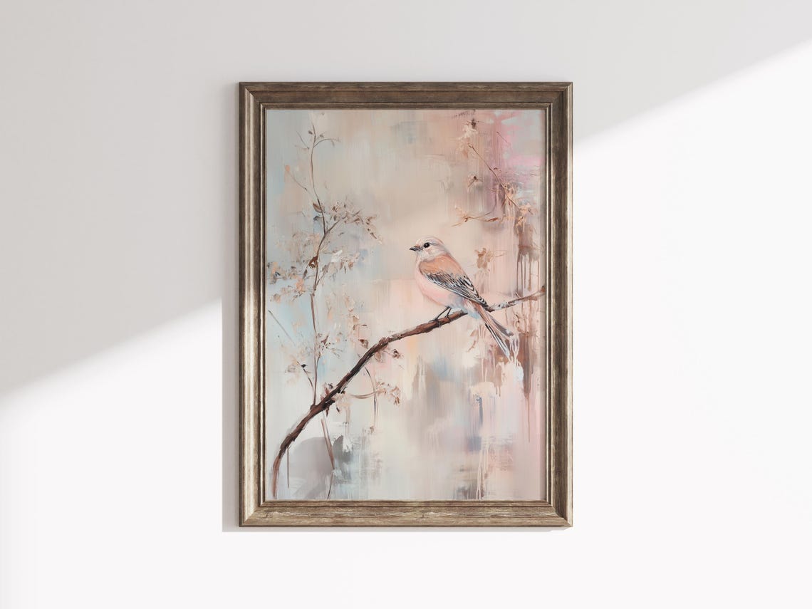 Blush Pink Songbird on Branch Abstract Pastel Spring Watercolor Poster - Image 3