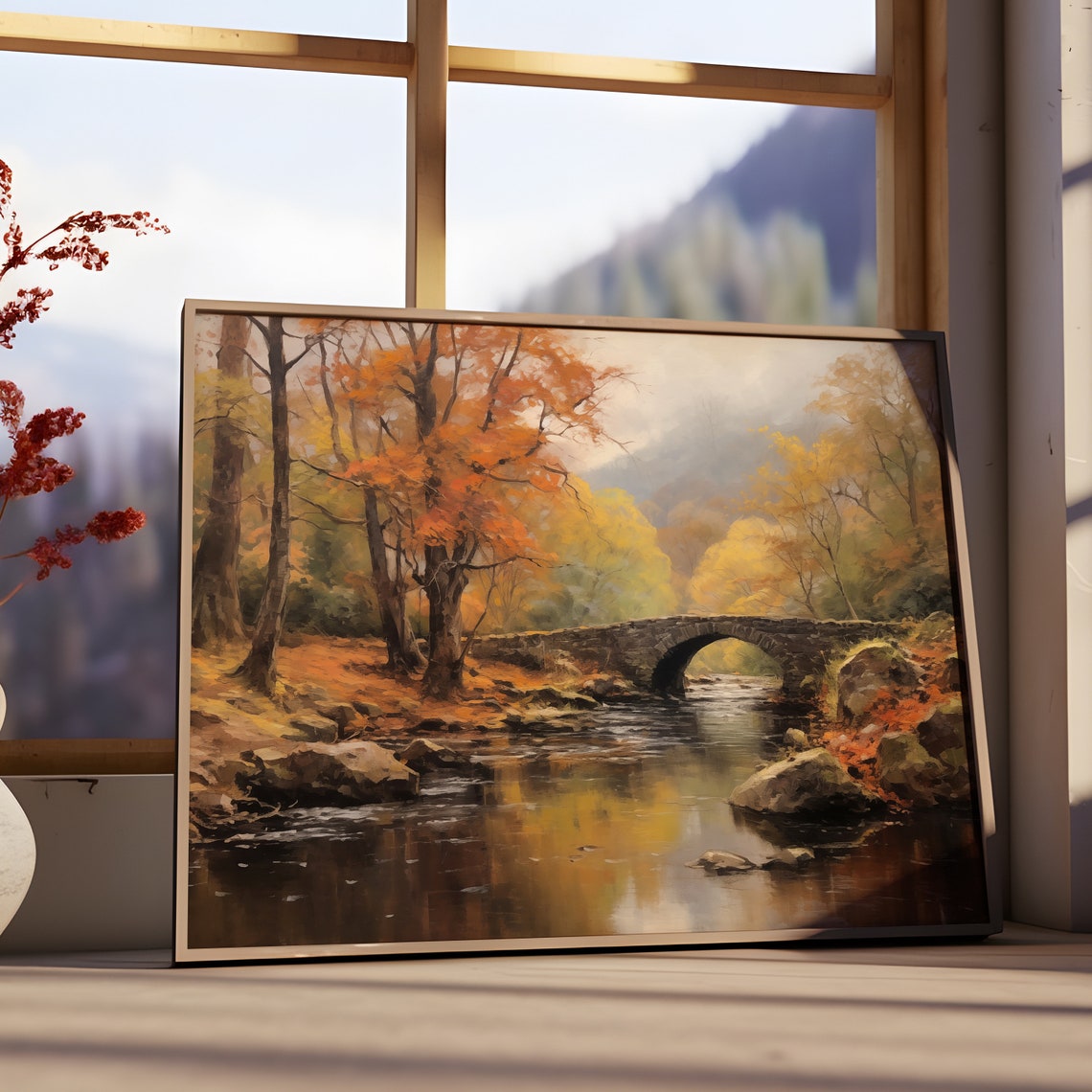 Autumn River Stone Arch Bridge Fall Foliage Landscape Poster - Image 2