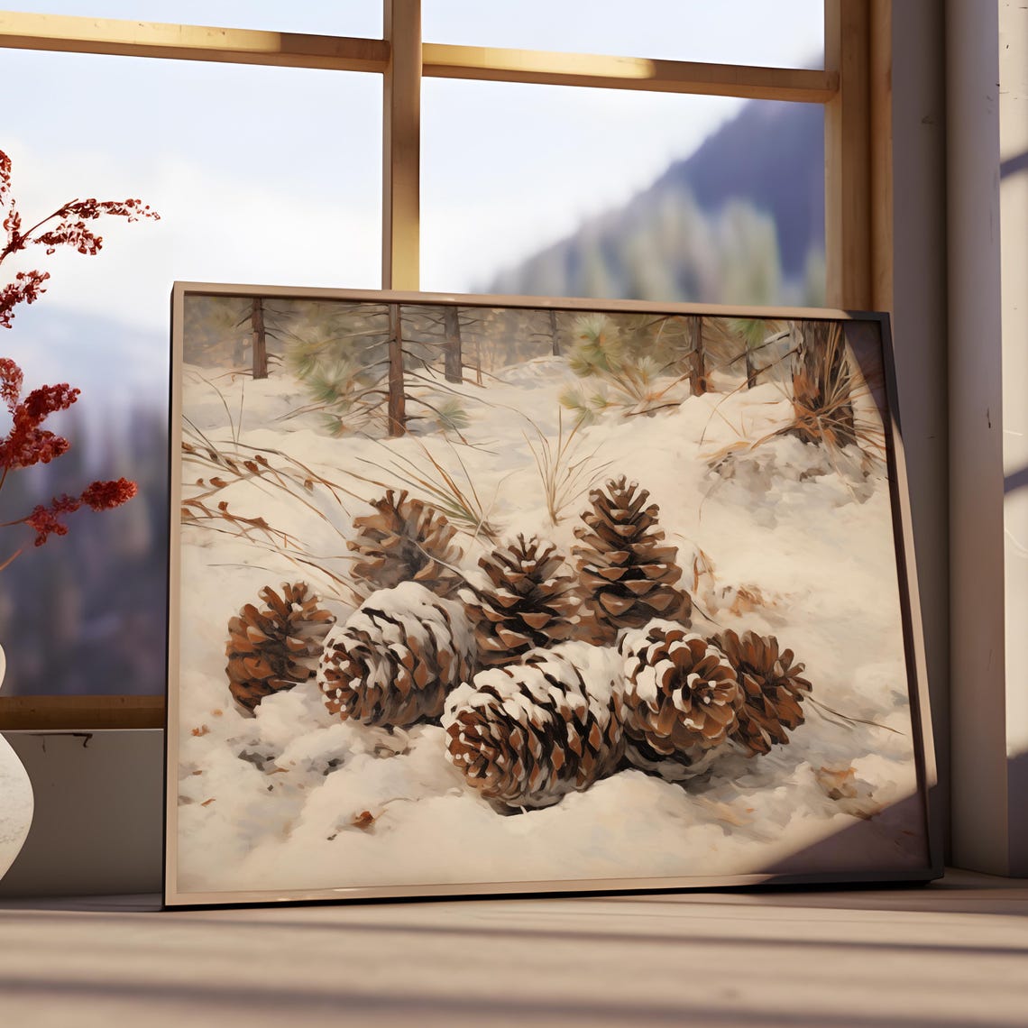 Snow Covered Pinecones Scattered In Winter Forest Still Life Poster - Image 3