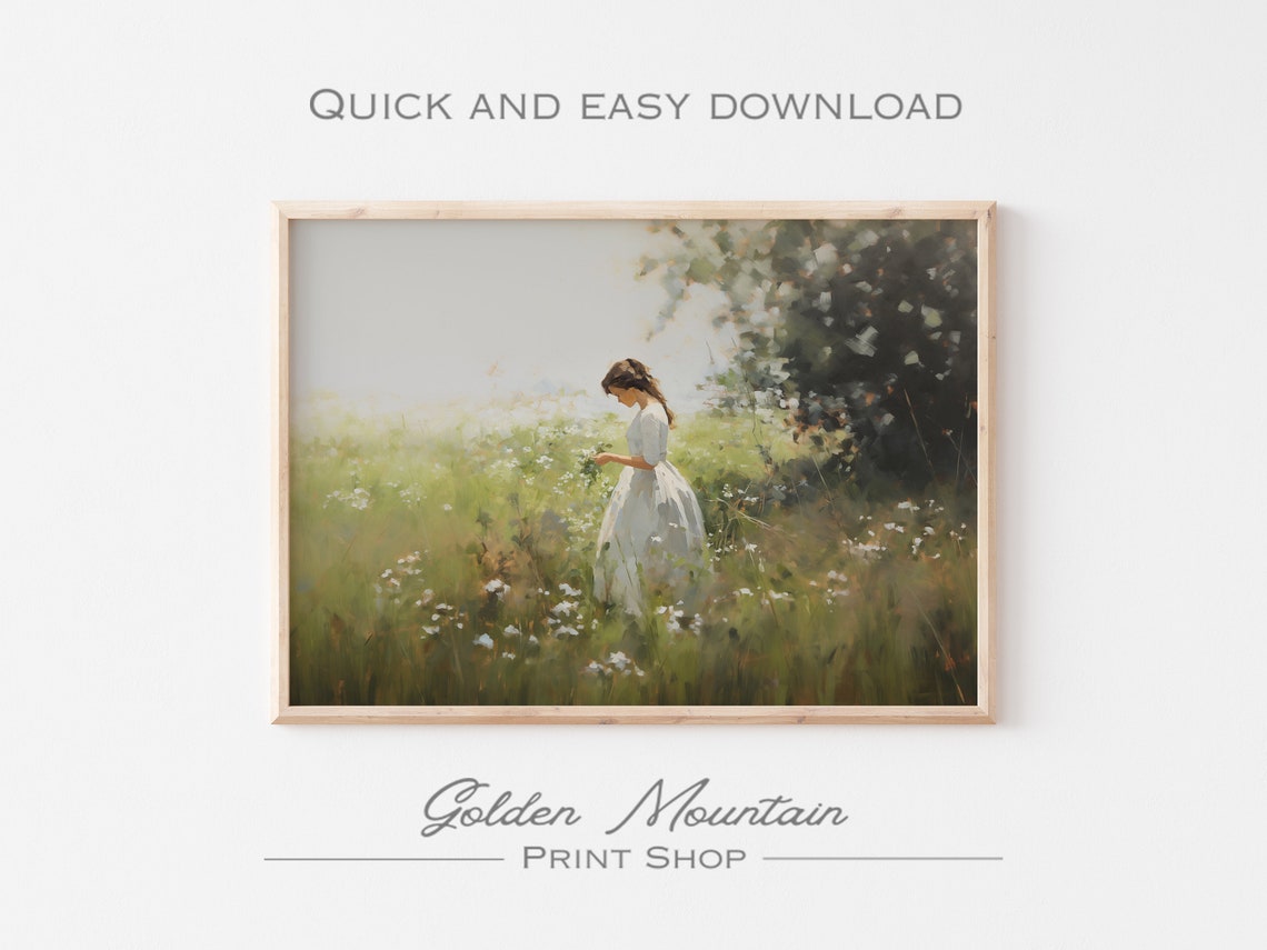 Young Woman in White Dress Gathering Wildflowers Meadow Print - Image 2