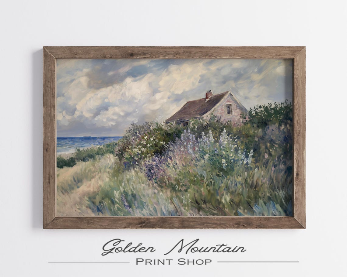 Beach Cottage Lilac Wildflower Hill Ocean View Vintage Poster
