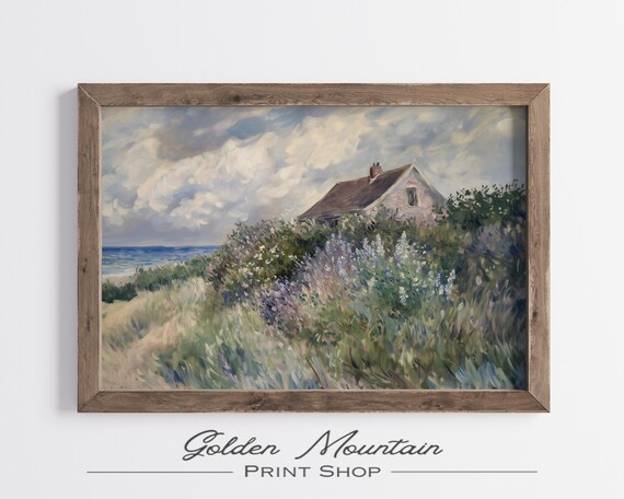 Beach Cottage Lilac Wildflower Hill Ocean View Vintage Poster