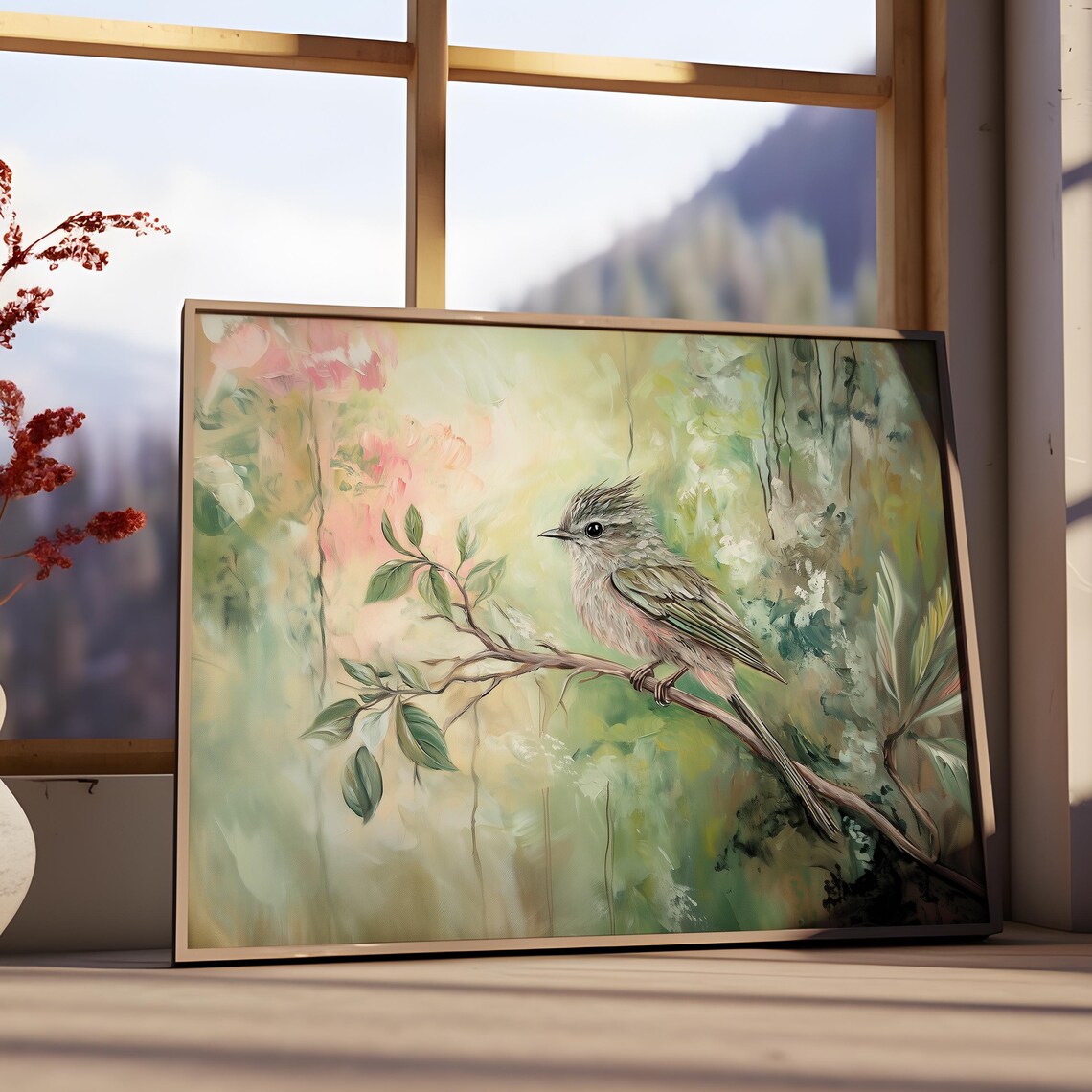 Small Crested Songbird On Leafy Branch Pastel Green Spring Oil Painting Poster - Image 3