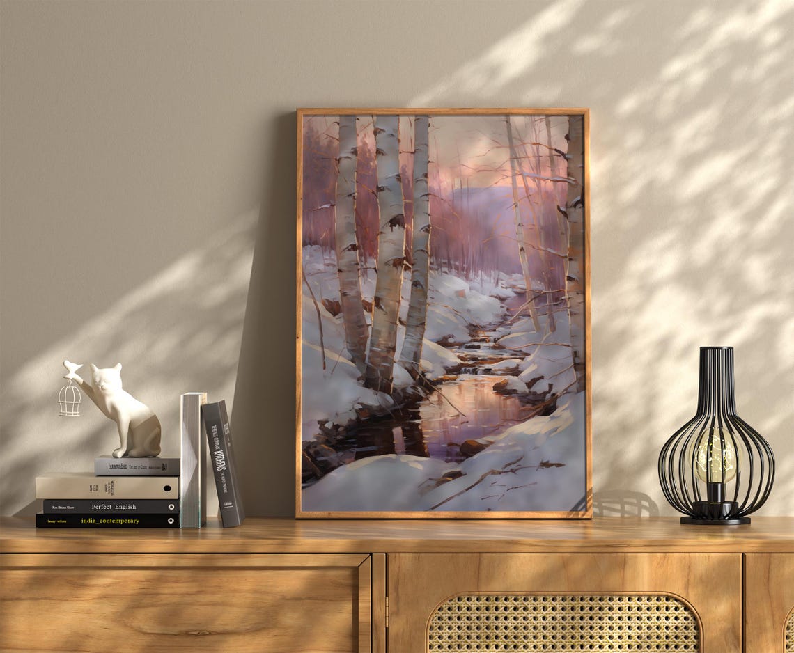 Winter Birch Grove At Sunset Snowy Stream Reflection Wall Art - Image 3